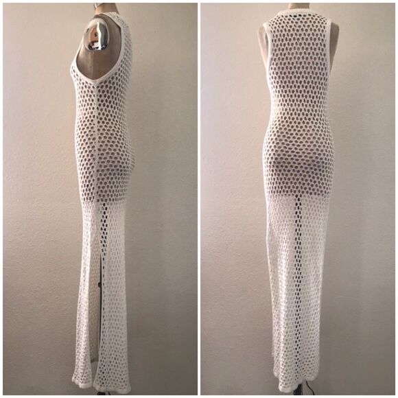 LNA Clothing Cream Open Knit Crochet Sleeveless Sheer Long Maxi Dress XS - Picture 3 of 7